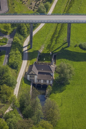 Aerial view, Velmede hydropower plant at the Ruhr Valley Bridge Velmede, Velmede, Bestwig,