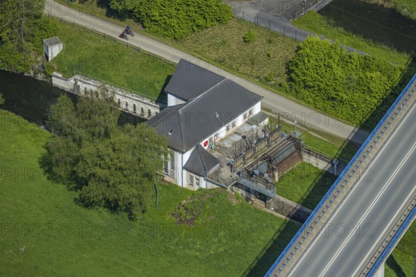 Aerial view, Velmede hydroelectric power station at the Ruhr valley bridge Velmede, Velmede,