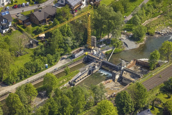 Aerial view, construction site, construction work, renovation of Velmede dam, Velmede, Bestwig,