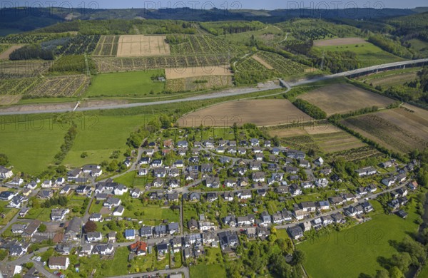 Aerial view, residential area, view of Velmede district surrounded by meadows and fields, tree