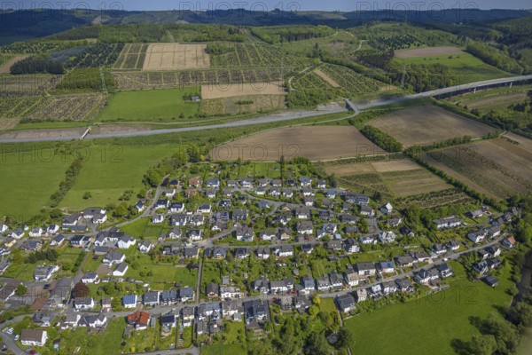 Aerial view, residential area local view district Velmede surrounded by meadows and fields, tree