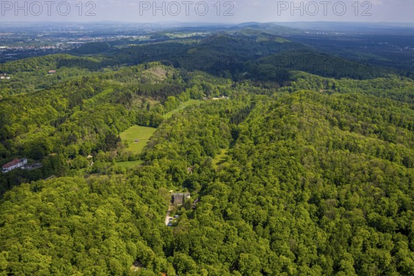 Aerial view, Teutoburg Forest, low mountain range and mountain range with distant view, Brackwede,