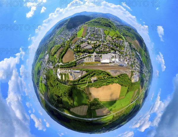 Aerial view, residential area local view and Bestwig Zum Alten Güterbahnhof and railway tracks,