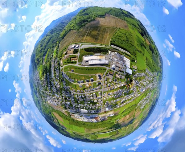 Aerial view, residential area, view of Bestwig, industrial area with Howmet Aerospace Tital Gmbh,