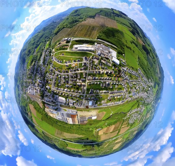 Aerial view, residential area local view Bestwig, industrial area with Howmet Aerospace Tital Gmbh,