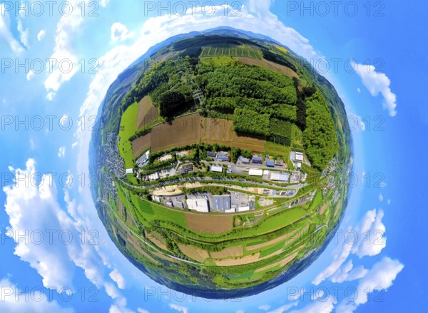 Aerial view, industrial area Im Öhler, logistics centre Spediiton Häger, hilly landscape, forest