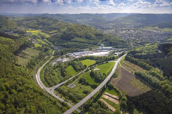 Aerial view, Ruhr valley bridge Bermecke over the river Ruhr, exit of the federal road B480n onto