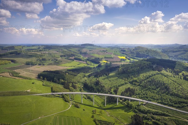 Aerial view, valley bridge Schormecke of the federal road B480 near Nuttlar, hilly landscape with