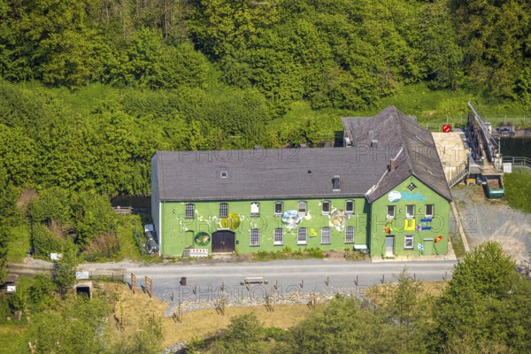 Aerial view, Altes Wasserkraftwerk Alfert, NaturRanger e.V., and green house painted with animals