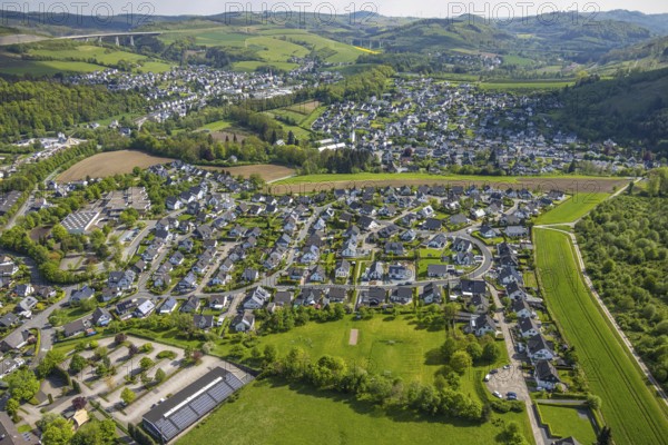 Aerial view, residential area local view Bestwig, Ostwig and Nuttlar with motorway A46 viaduct