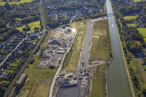 Aerial view, Wasserstadt Aden on the Datteln-Hamm Canal, construction area for planned urban