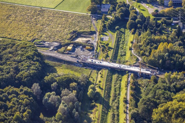 Aerial view, bypass construction site with bridge construction of the state road L821n over the
