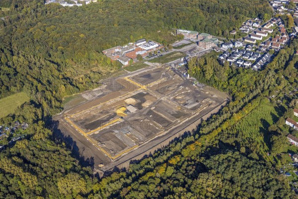 Aerial view, Kuckuck mine accident memorial park, construction site for new forest housing estate