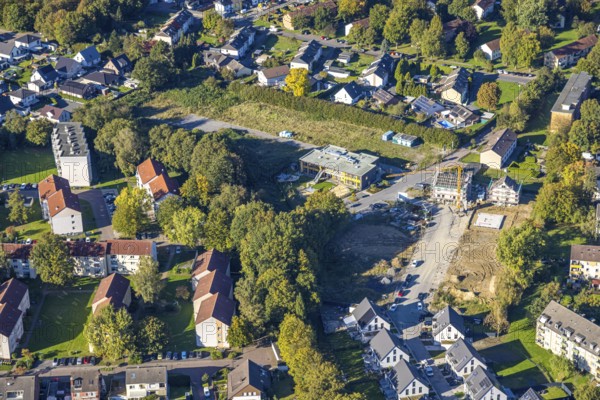 Aerial view, construction site with new building AWO Kita Lippestrolche Kindergarten an der
