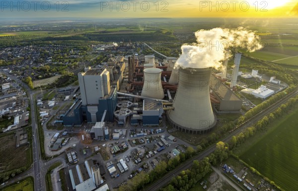 Aerial view, Niederaussem lignite-fired power plant, power plant site of RWE Power AG, cooling