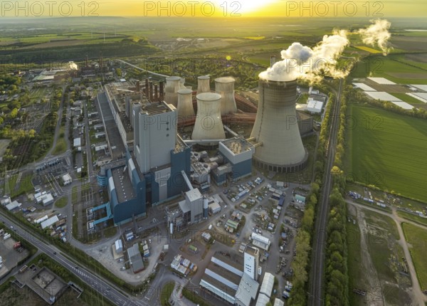 Aerial view, Niederaussem lignite-fired power plant, power plant site of RWE Power AG, cooling