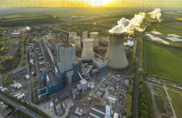 Aerial view, Niederaussem lignite-fired power plant, power plant site of RWE Power AG, cooling