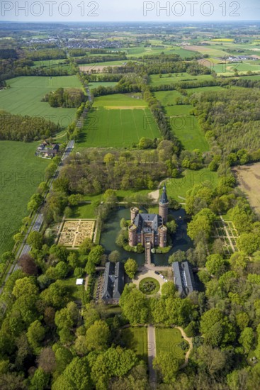 Aerial view, Museum Schloss Moyland, neo-Gothic moated castle and castle park surrounded by meadows