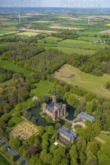 Aerial view, Museum Schloss Moyland, neo-Gothic moated castle and castle park surrounded by meadows