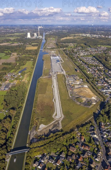 Aerial view, Wasserstadt Aden on the Datteln-Hamm Canal, construction area for planned urban