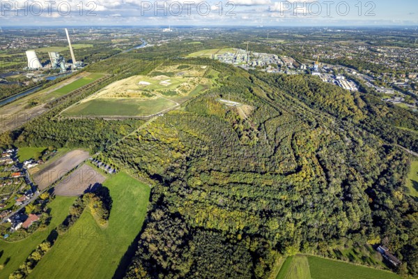 Aerial view, Bergkamen power station and Großes Holz waste rock pile, forest area on the