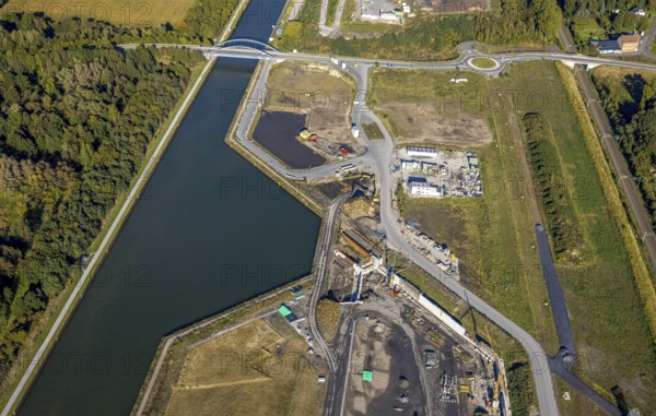 Aerial view, Wasserstadt Aden on the Datteln-Hamm Canal, construction area for planned urban