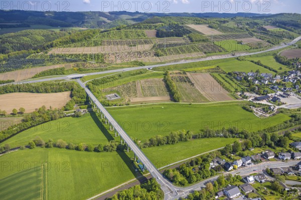 Aerial view, Ruhr valley bridge Velmede and motorway A46 junction Bestwig, tree plantations meadows