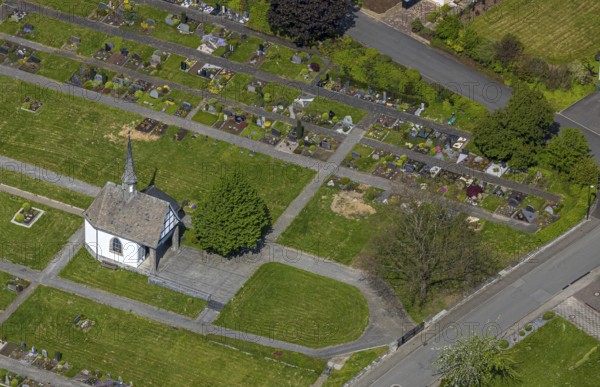 Aerial view, Nuttlar cemetery burial ground and cemetery chapel, Zum Kreuzberg, Nuttlar, Bestwig,