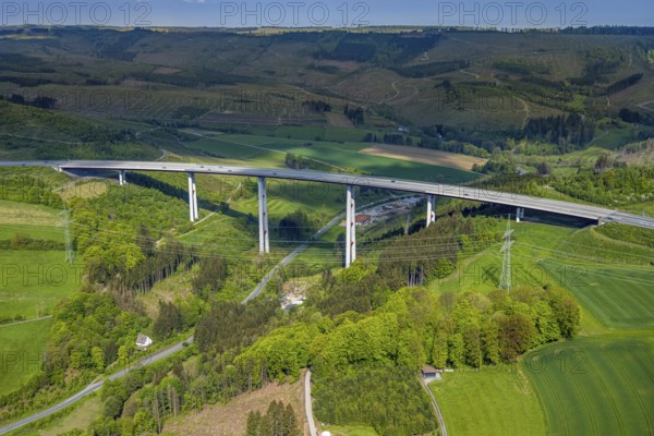 Aerial photograph, motorway A 46 viaduct Nuttlar, forest area with forest damage, Nuttlar, Bestwig,