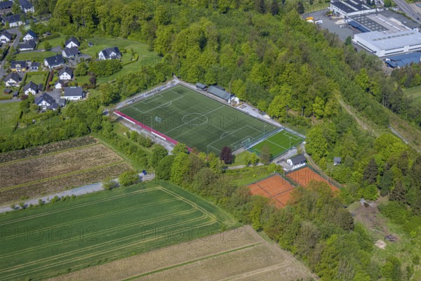 Aerial view, football stadium Ostwig sports ground, tennis courts, Ostwig, Bestwig, Sauerland,