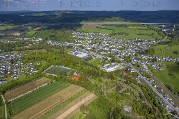 Aerial view, residential area, local view district Nuttlar with motorway A46 valley bridge Nuttlar,