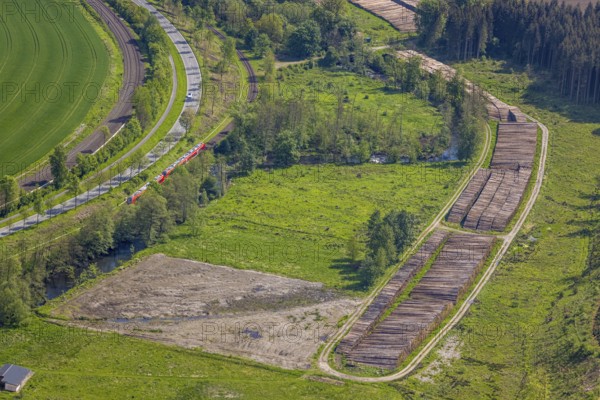 Aerial view, timber wet storage site temporary storage, S-Bahn railway line, road Am Dümel, Ostwig,