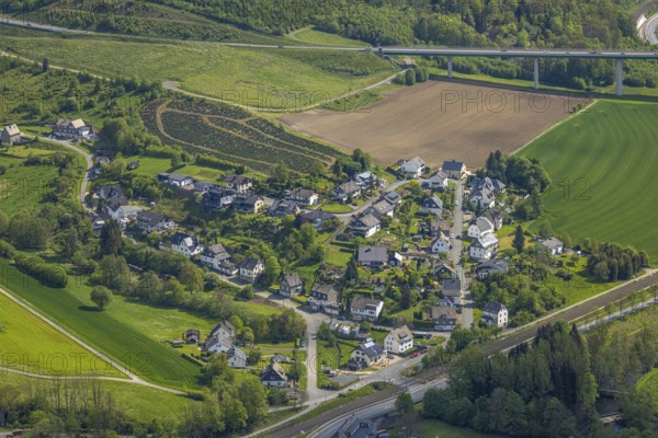 Aerial view, residential area local view district Dümel, behind Ruhr valley bridge Bermecke of the