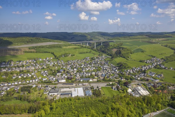 Aerial view, residential area, local view, district Nuttlar with motorway A46 viaduct Nuttlar,