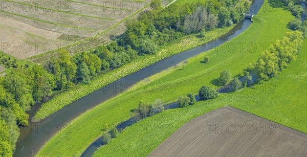Aerial view, river Luchtmücke with small weir and river Ruhr renaturalisation, Arnsberg Forest