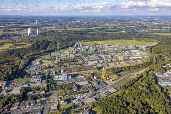 Aerial view, Bayer AG plant pharmaceutical company, rear left Bergkamen power plant, distant view