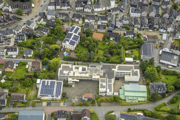 Aerial view, Städt. Gymnasium with solar roof, Bad Laasphe, sports hall TV Laasphe 1863 e.V.,