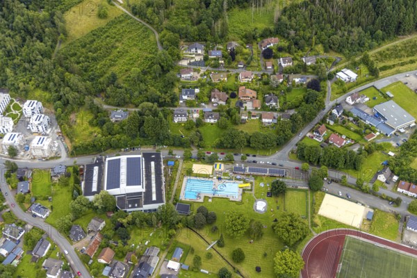 Aerial view, Wabachbad, outdoor pool and lawn, Buhlschlag housing estate, children's pool, Bad