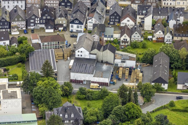Aerial view, Bosch brewery at the river Laasphe in the residential area, Bad Laasphe,