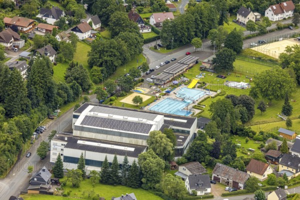 Aerial view, Wabachbad, outdoor pool and sunbathing area, children's pool, Bad Laasphe,