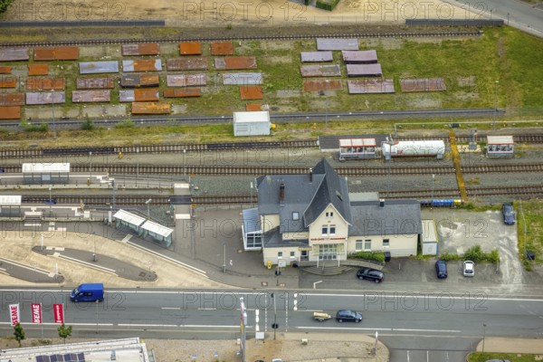 Aerial view, Bad Laasphe railway station and station building, Bad Laasphe, Wittgensteiner Land,