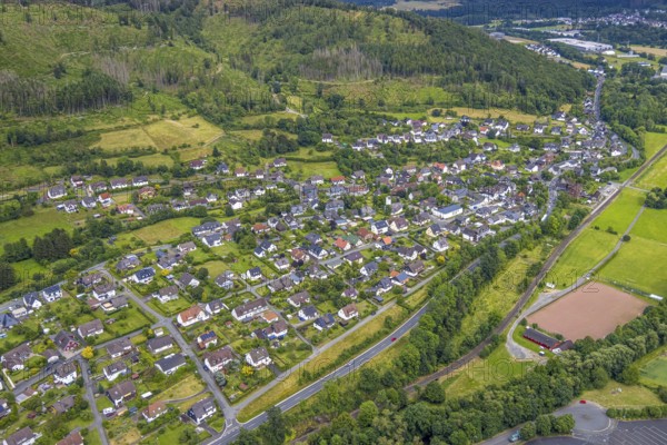 Aerial view, sports field Niederlaasphe, Niederlaasphe SG, residential area local view at the