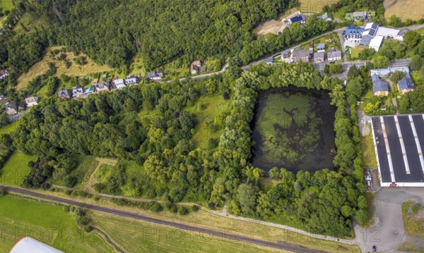 Aerial view, forest area with pond Amalienhütter Weiher, residential area, Niederlaasphe, Bad