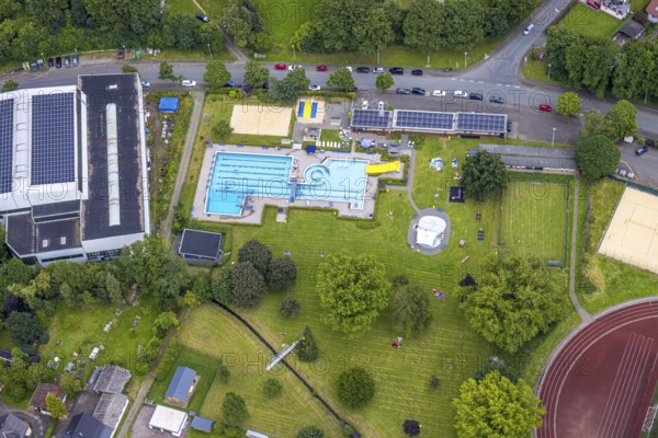 Aerial view, Wabachbad, outdoor pool and sunbathing area, children's pool, Bad Laasphe,