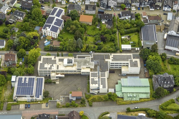 Aerial view, Städt. Gymnasium with solar roof, Bad Laasphe, sports hall TV Laasphe 1863 e.V.,