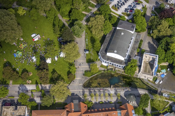 Aerial view, Bad Lippspringe Congress Centre, Arminius Park with castle ruins and river Lippequelle