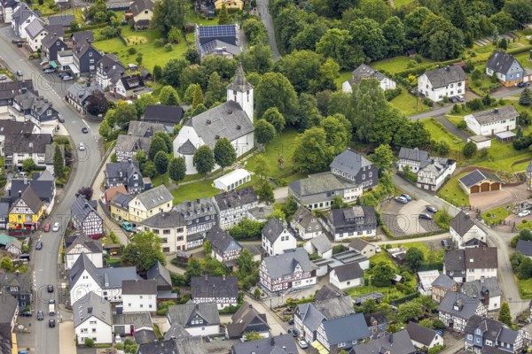 Aerial view, protestant church and half-timbered houses, Feudingen, Bad Laasphe, Wittgensteiner