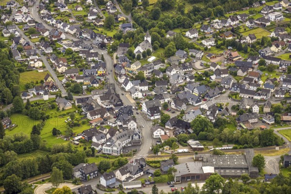 Aerial view, evang. Church and half-timbered houses, local view residential area on
