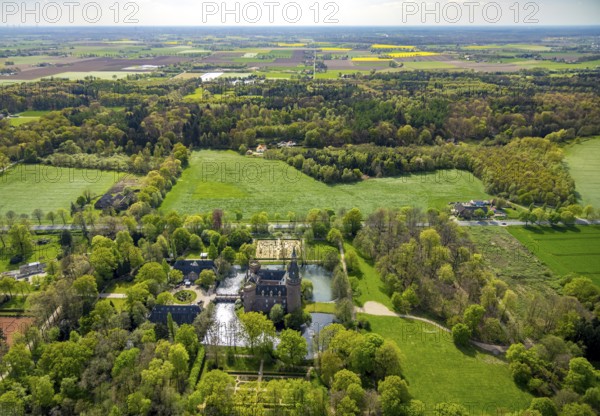 Aerial view, Museum Schloss Moyland, neo-Gothic moated castle and castle park surrounded by meadows
