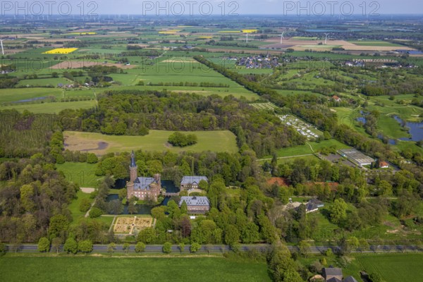 Aerial view, Museum Schloss Moyland, neo-Gothic moated castle and castle park surrounded by meadows